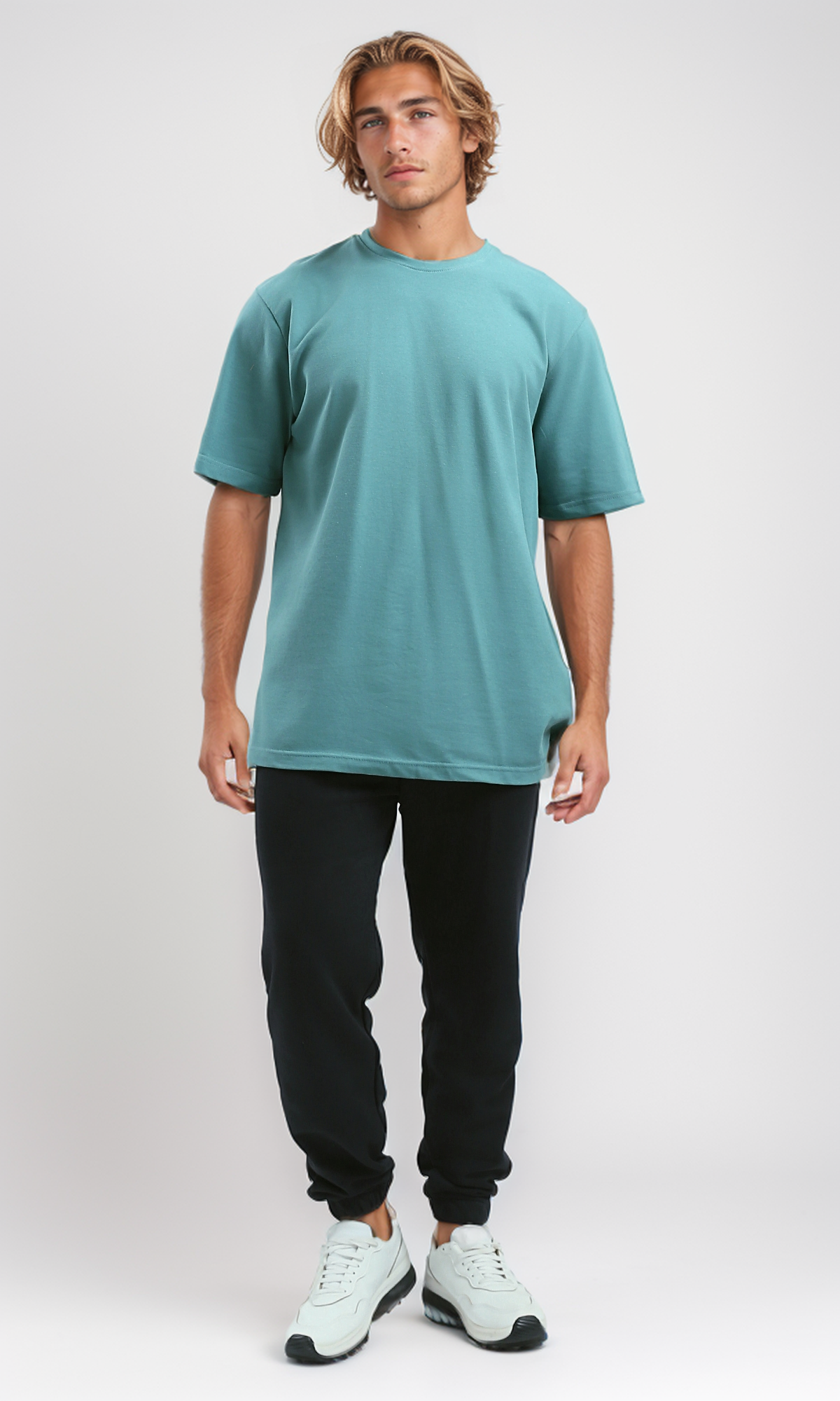 O189613 Dark Mintgreen Relaxed Fit Solid Basic Tee