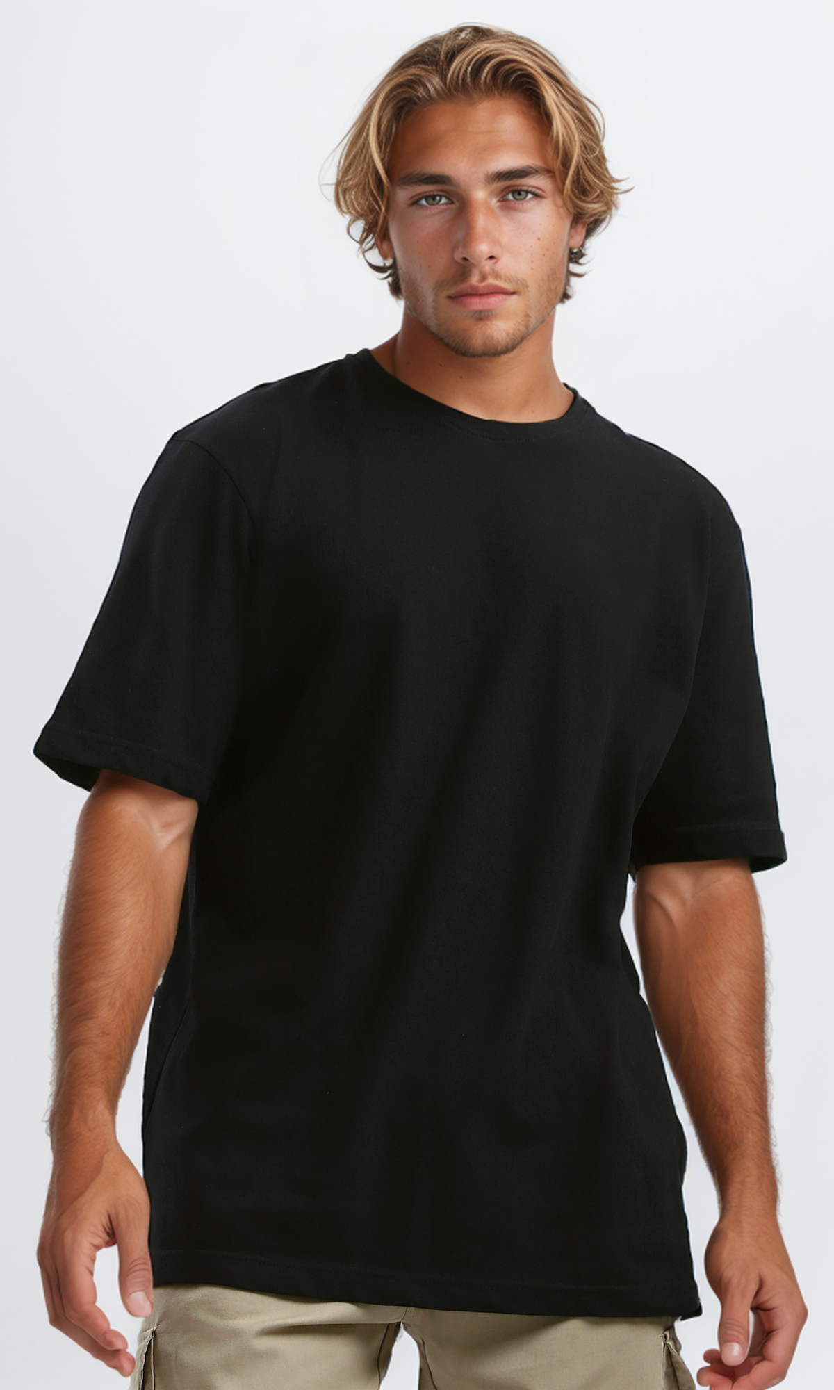 O189617 Black Casual Tee With Elbow-Sleeves