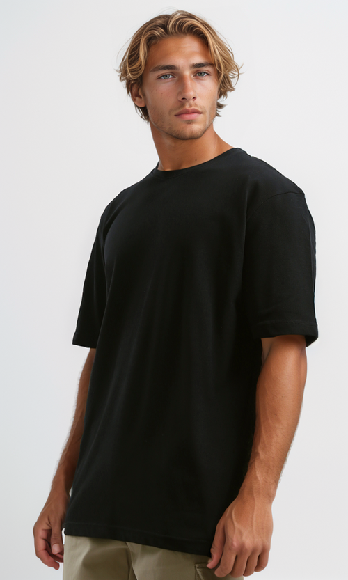 O189617 Black Casual Tee With Elbow-Sleeves