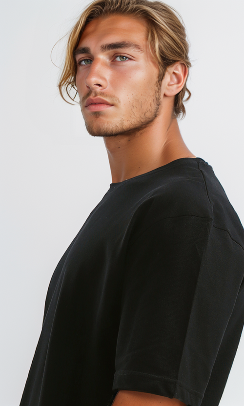 O189617 Black Casual Tee With Elbow-Sleeves