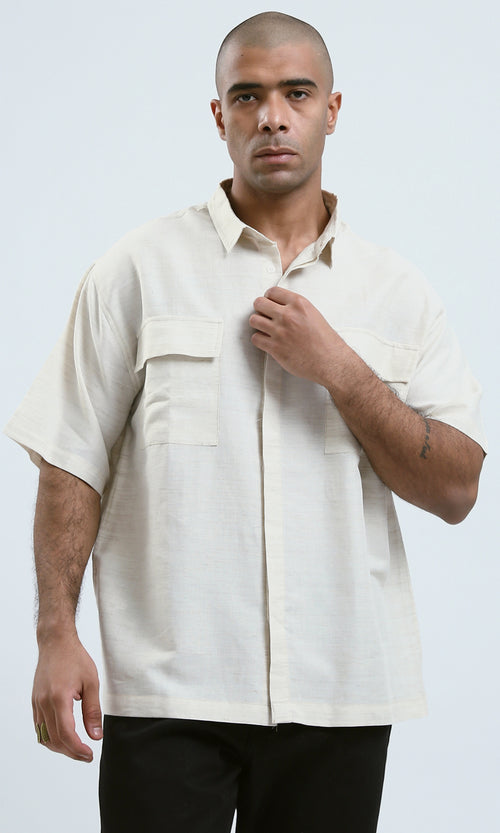 O189619 - Beige Short Sleeves Summer Shirt With Pockets