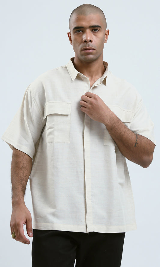 O189619 Beige Short Sleeves Summer Shirt With Pockets