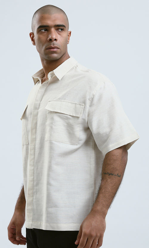 O189619 - Beige Short Sleeves Summer Shirt With Pockets