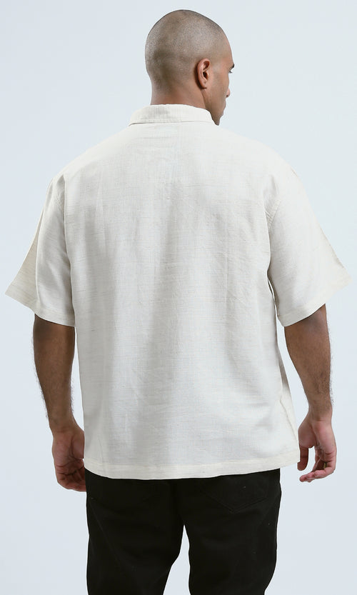 O189619 - Beige Short Sleeves Summer Shirt With Pockets