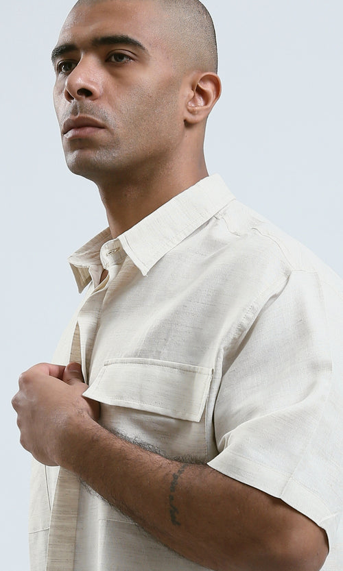 O189619 - Beige Short Sleeves Summer Shirt With Pockets