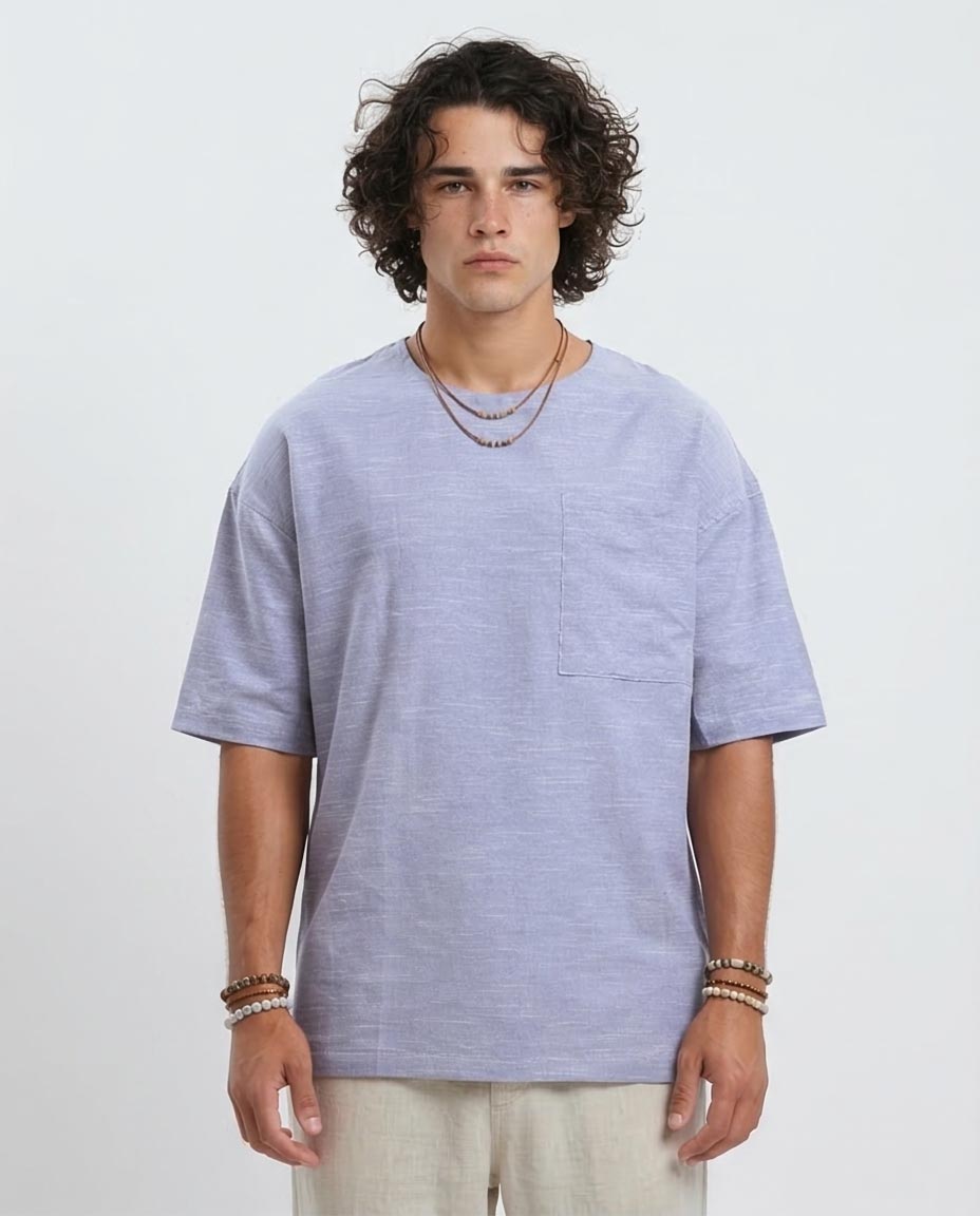 Ravin Men’s Oversized Slub-Texture Pocket Tee – Modern Boho Series - Sky Blue - o189622