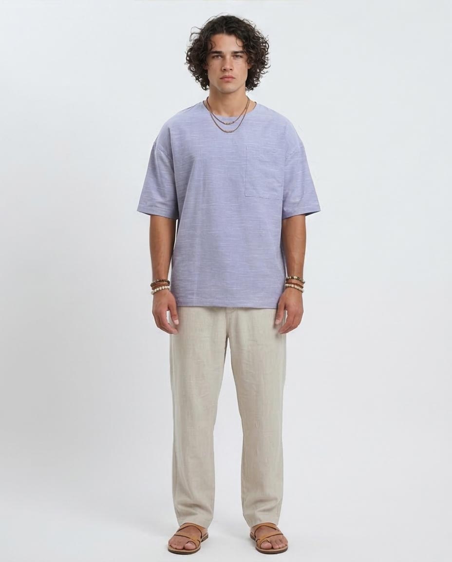 Ravin Men’s Oversized Slub-Texture Pocket Tee – Modern Boho Series - Sky Blue - o189622
