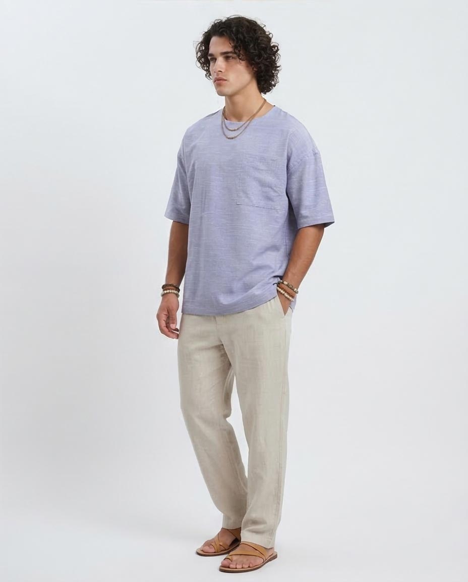 Ravin Men’s Oversized Slub-Texture Pocket Tee – Modern Boho Series - Sky Blue - o189622
