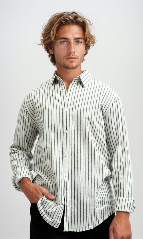 O189623 Striped Classic Collar Full Buttoned White & Black Shirt
