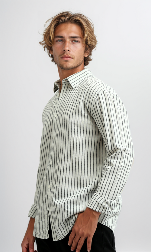 O189623 Striped Classic Collar Full Buttoned White & Black Shirt