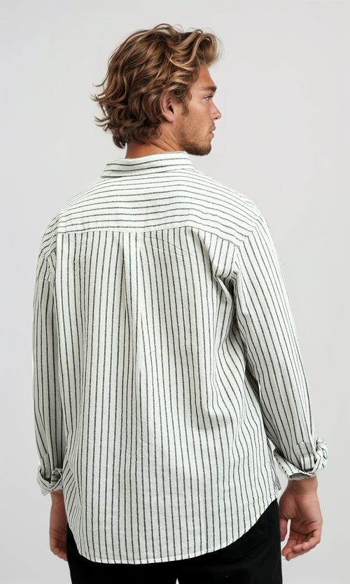 O189623 Striped Classic Collar Full Buttoned White & Black Shirt