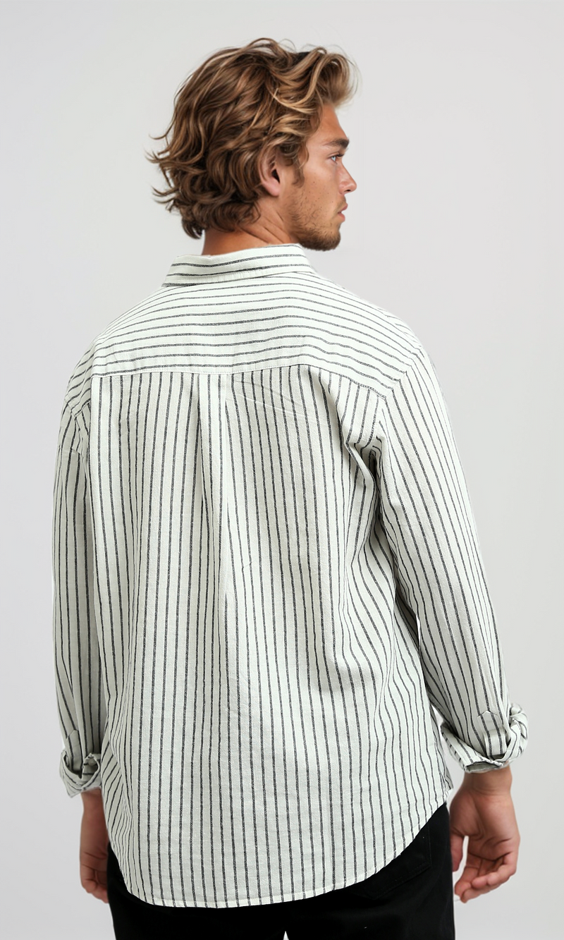 O189623 Striped Classic Collar Full Buttoned White & Black Shirt