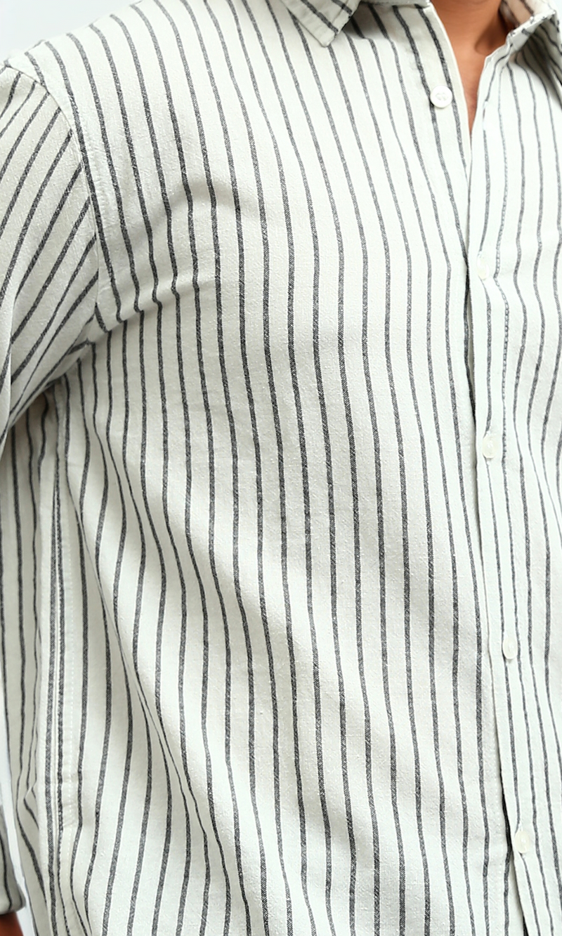 O189623 Striped Classic Collar Full Buttoned White & Black Shirt