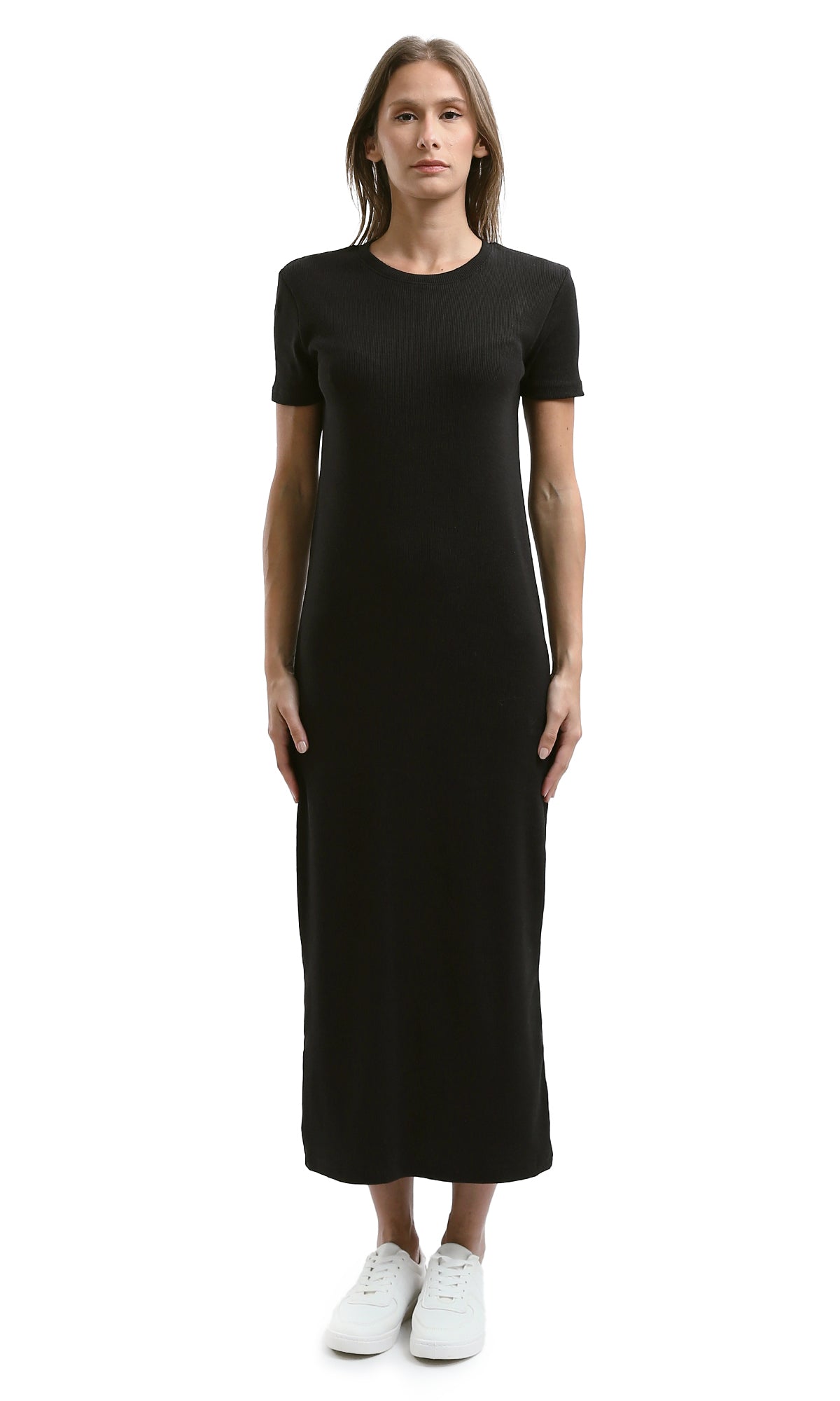 O189712 Black Ribbed Short Sleeves Midi Dress
