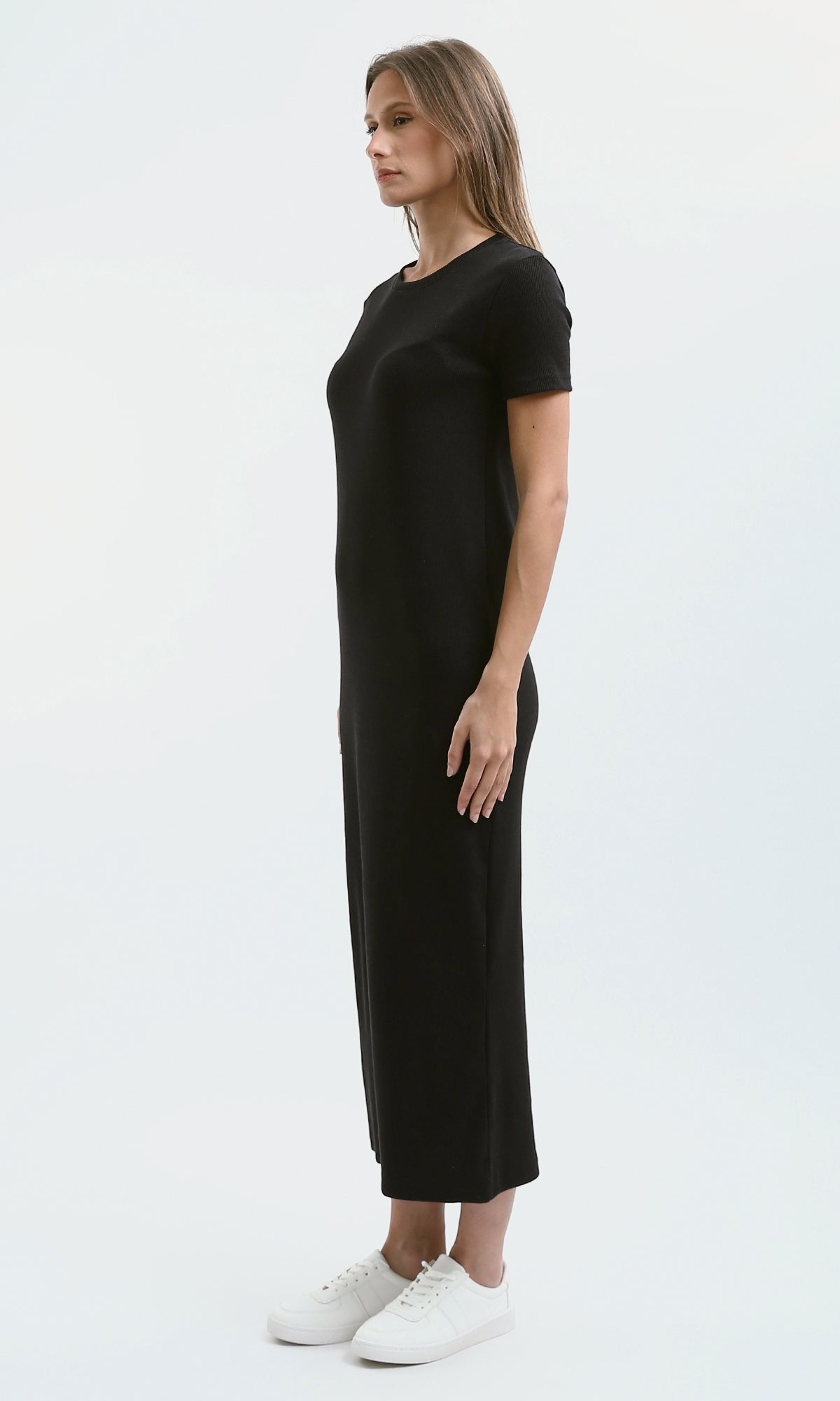 O189712 Black Ribbed Short Sleeves Midi Dress