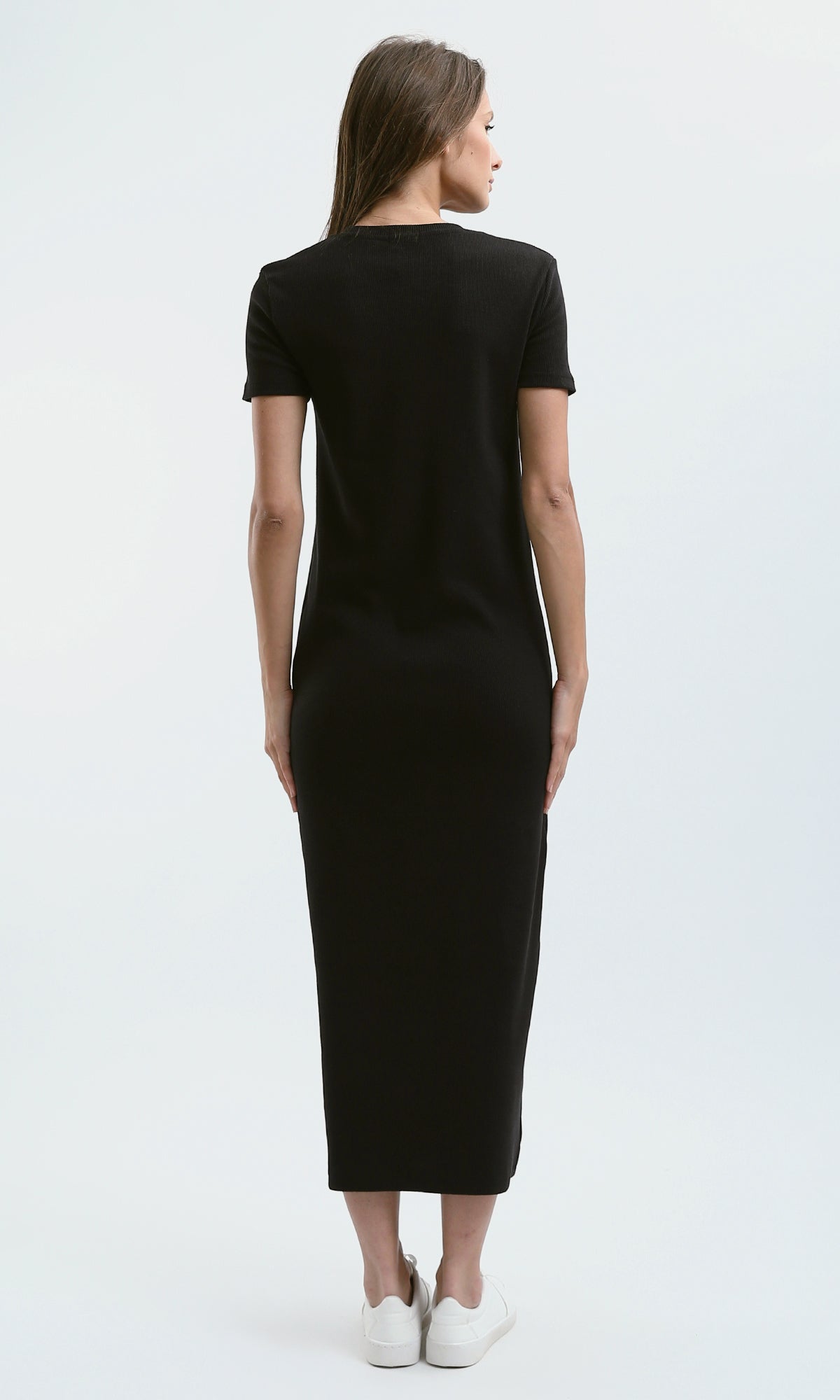 O189712 Black Ribbed Short Sleeves Midi Dress
