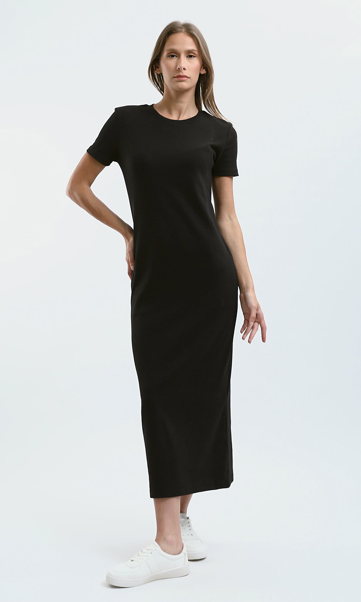 O189712 Black Ribbed Short Sleeves Midi Dress