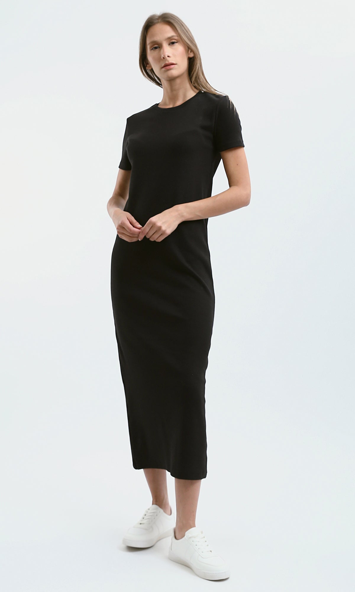 O189712 Black Ribbed Short Sleeves Midi Dress