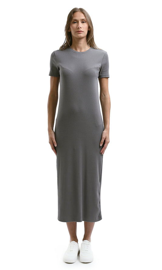 O189714 Regular Fit Dark Grey Ribbed Summer Dress