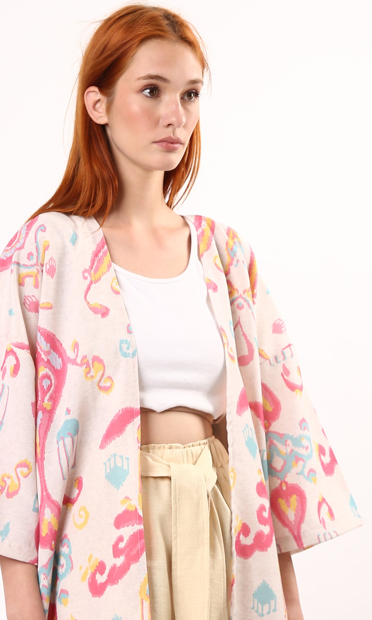 O189717 Fuchsia & Yellow Patterned Slip On Summer Kimono