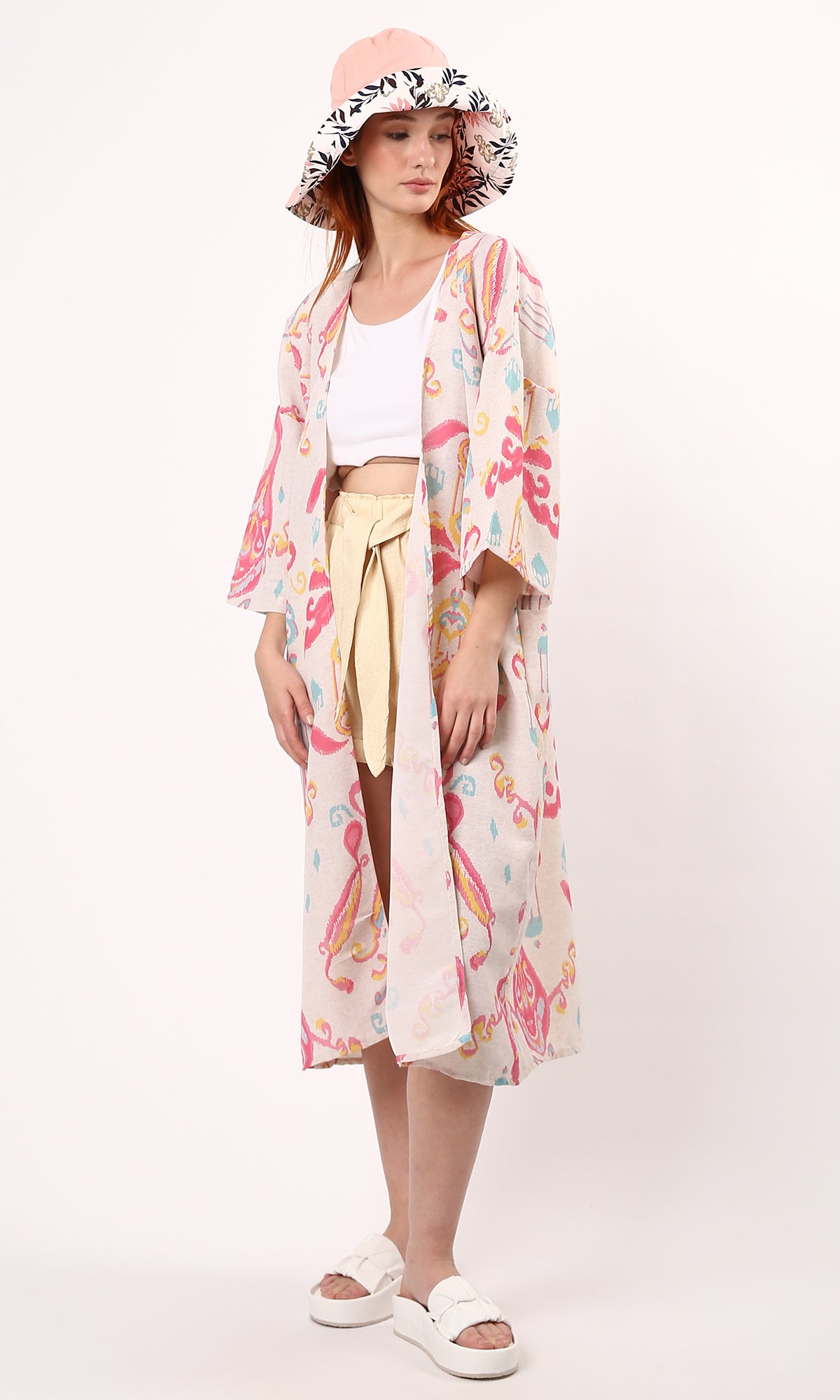O189717 Fuchsia & Yellow Patterned Slip On Summer Kimono