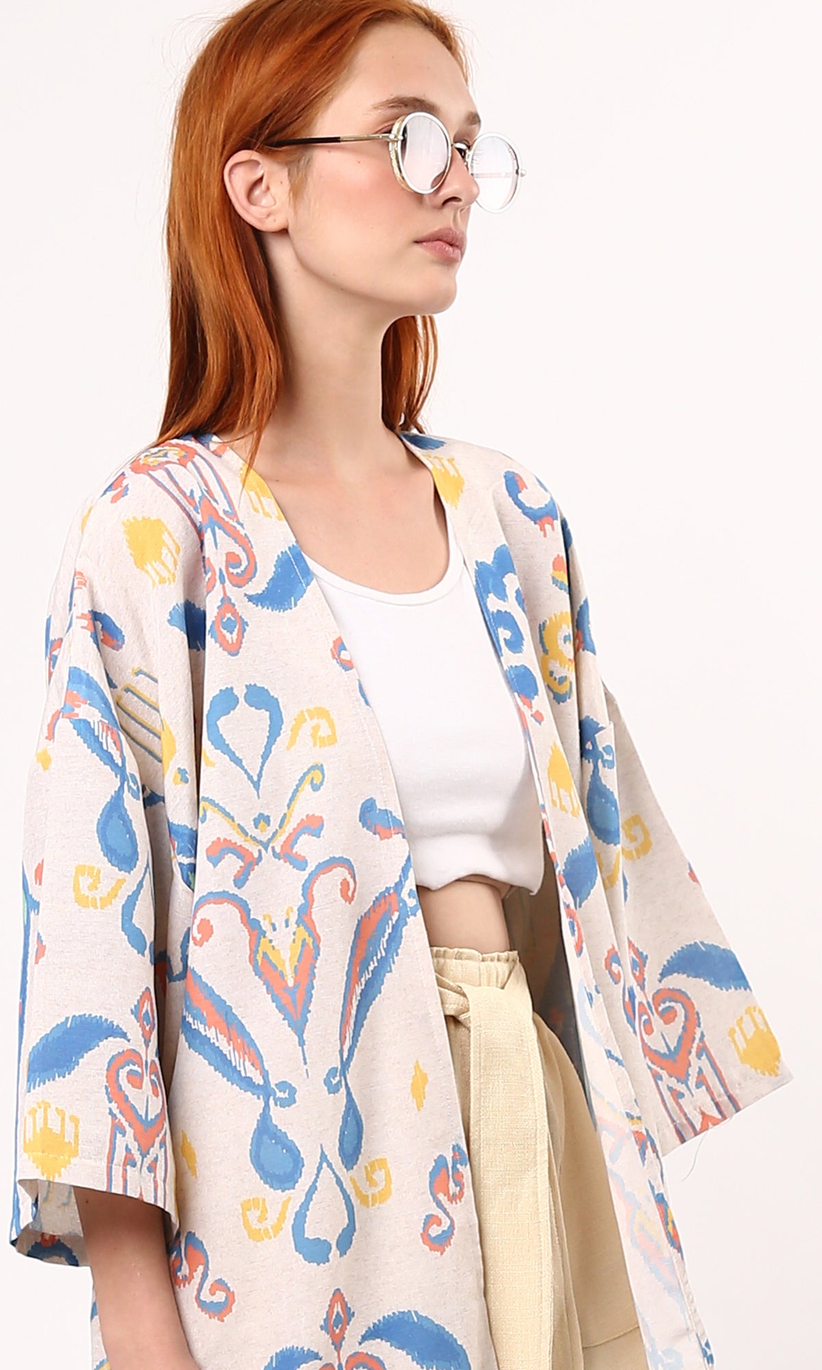 O189718 Patterned Blue & Yellow Summer Kimono With Open Neckline