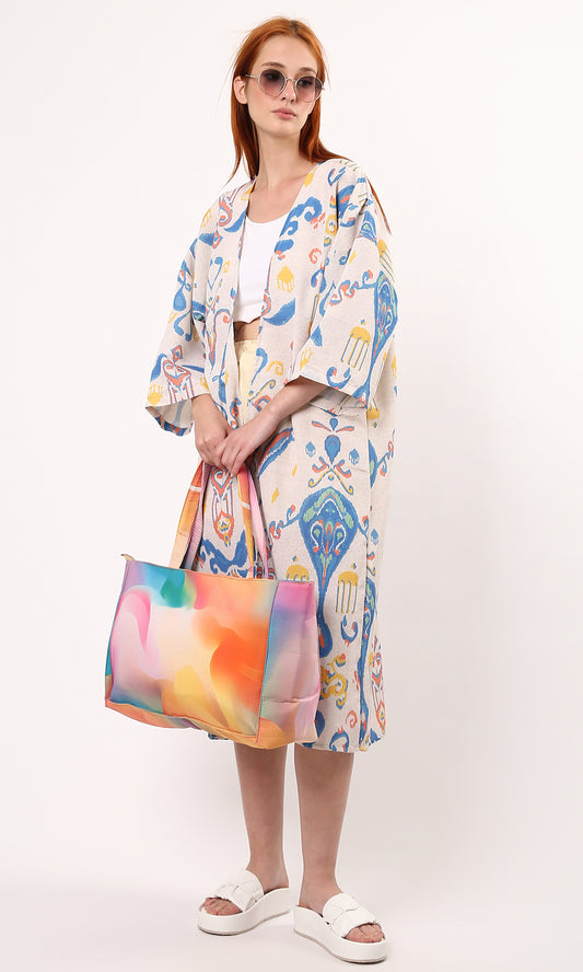 O189718 Patterned Blue & Yellow Summer Kimono With Open Neckline