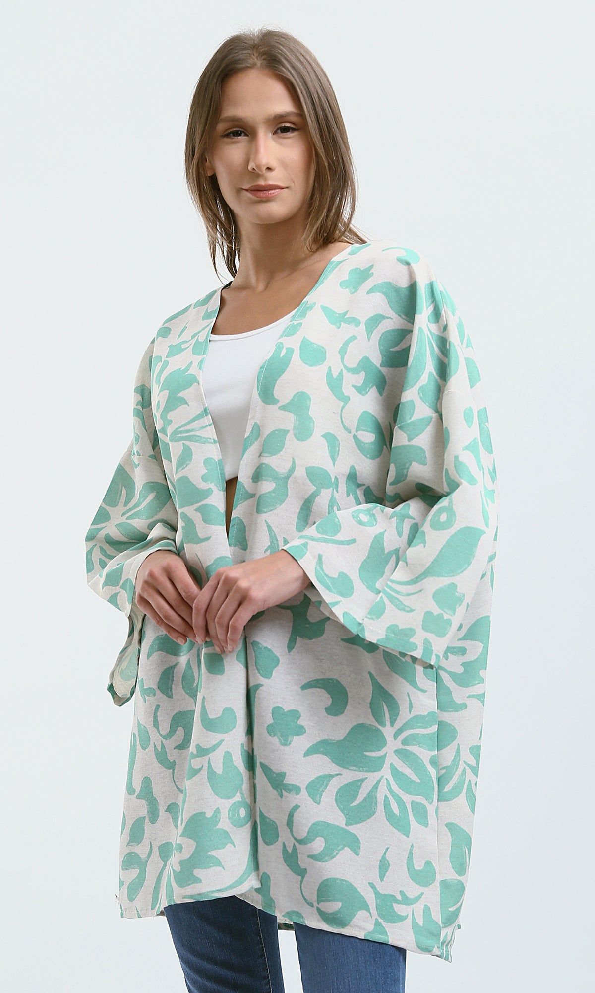 O189721 Loose Fit Casual Kimono With Floral Pattern - Green & Beige