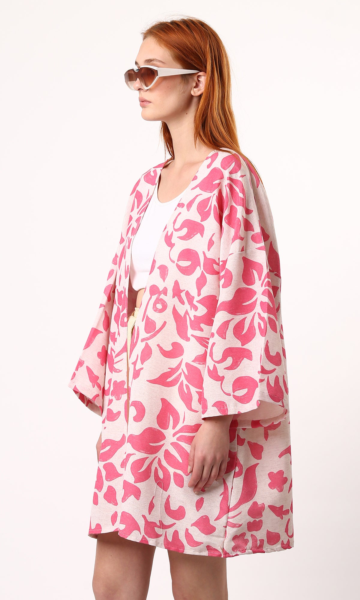 O189722 Fuchsia & Beige Cotton Floral Slip On Kimono
