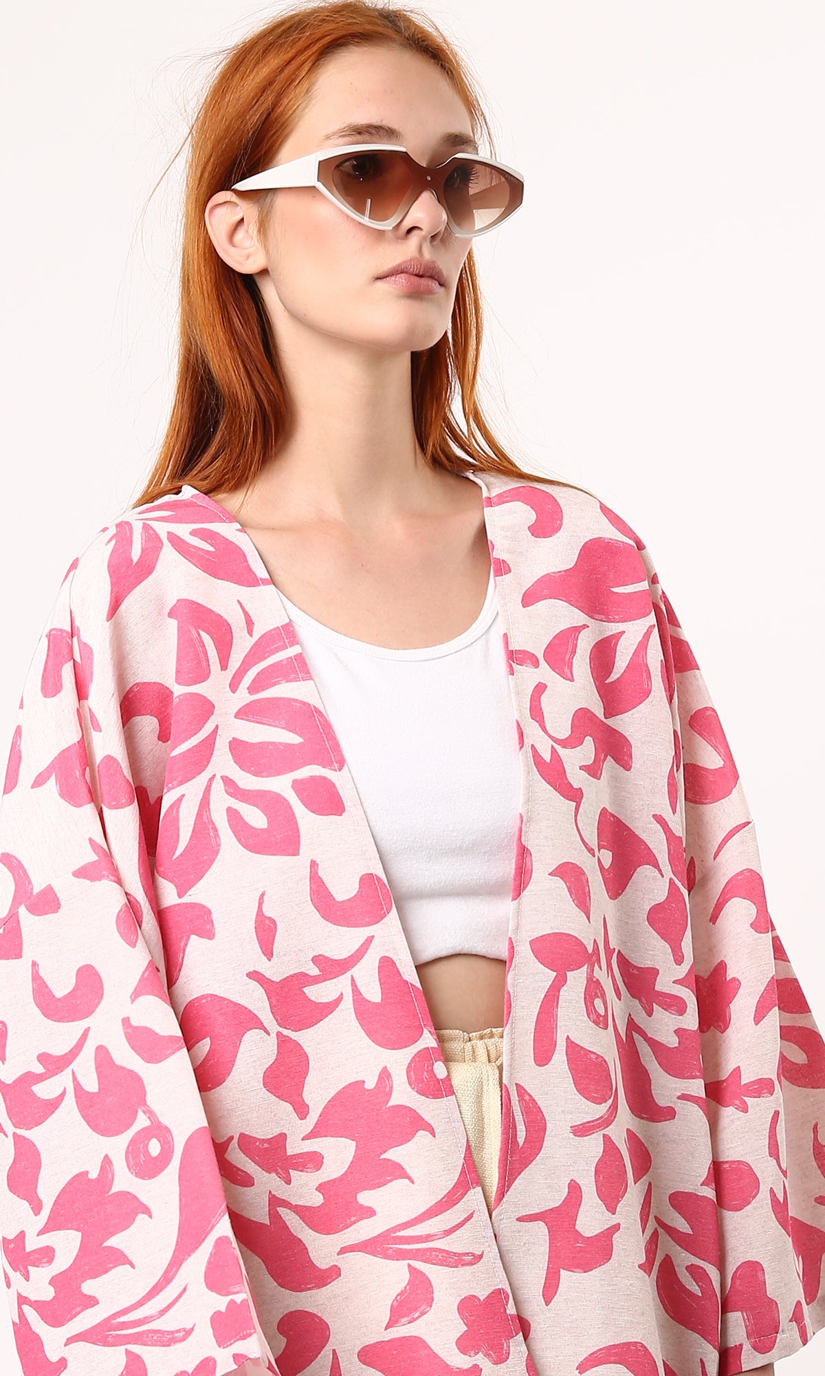 O189722 Fuchsia & Beige Cotton Floral Slip On Kimono