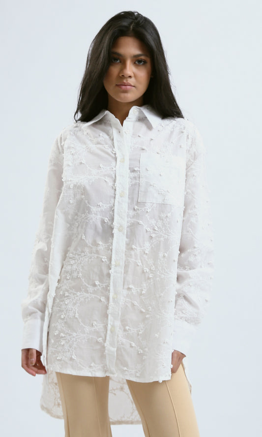O189724 White Long Sleeves Patterned Cotton Shirt