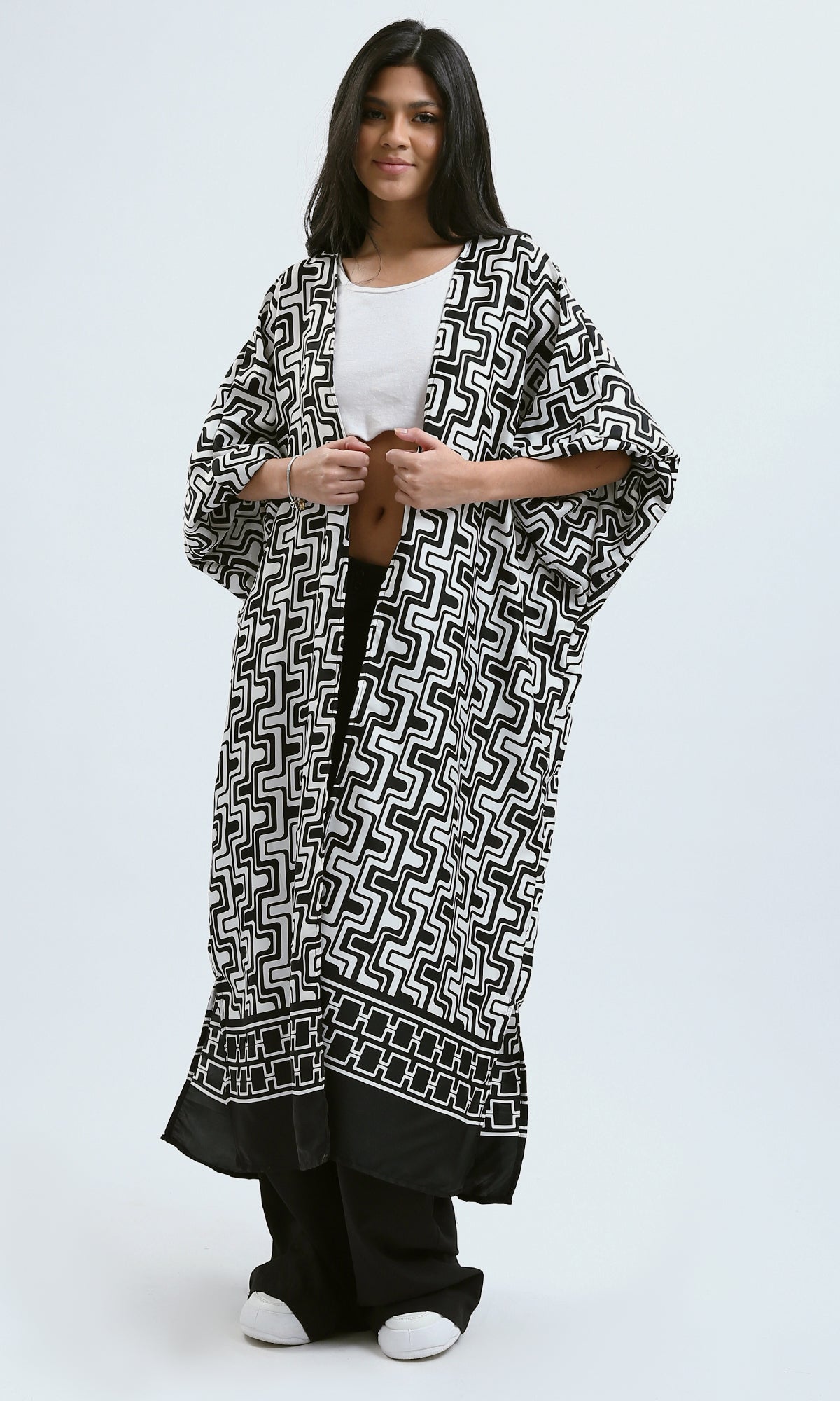 O189725 Patterned Slip On Cardigan With Puffy Sleeves - Black & White