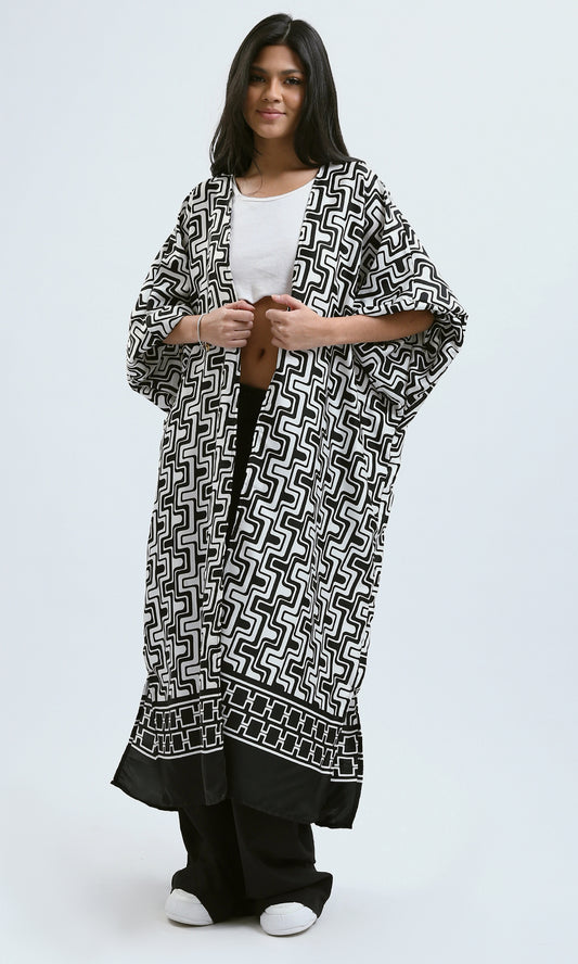 O189725 Patterned Slip On Cardigan With Puffy Sleeves - Black & White