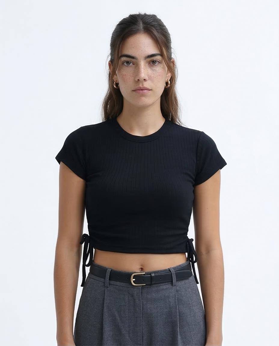 Ravin Black Cinch-Side Ribbed Crop Top - O189729