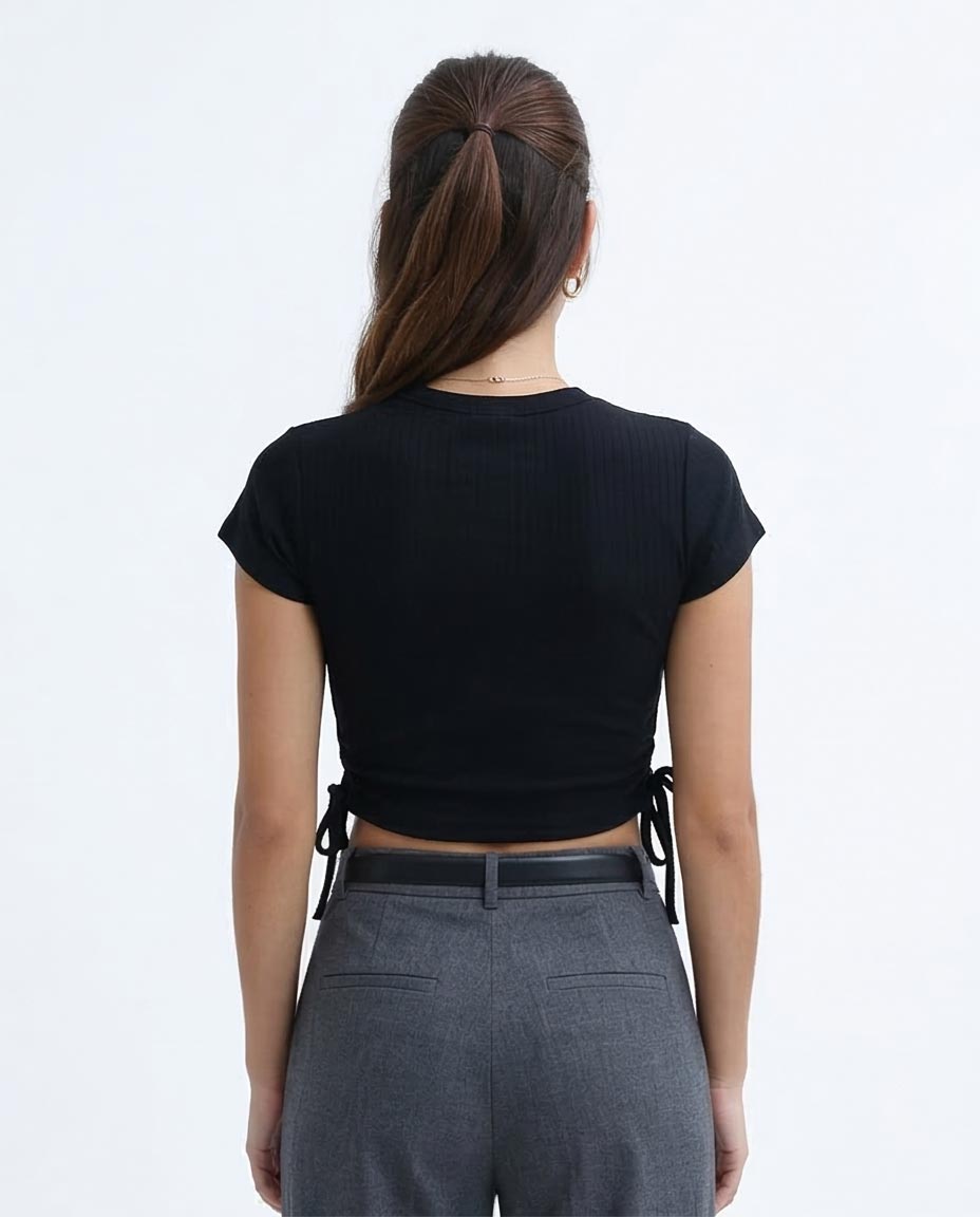Ravin Black Cinch-Side Ribbed Crop Top - O189729