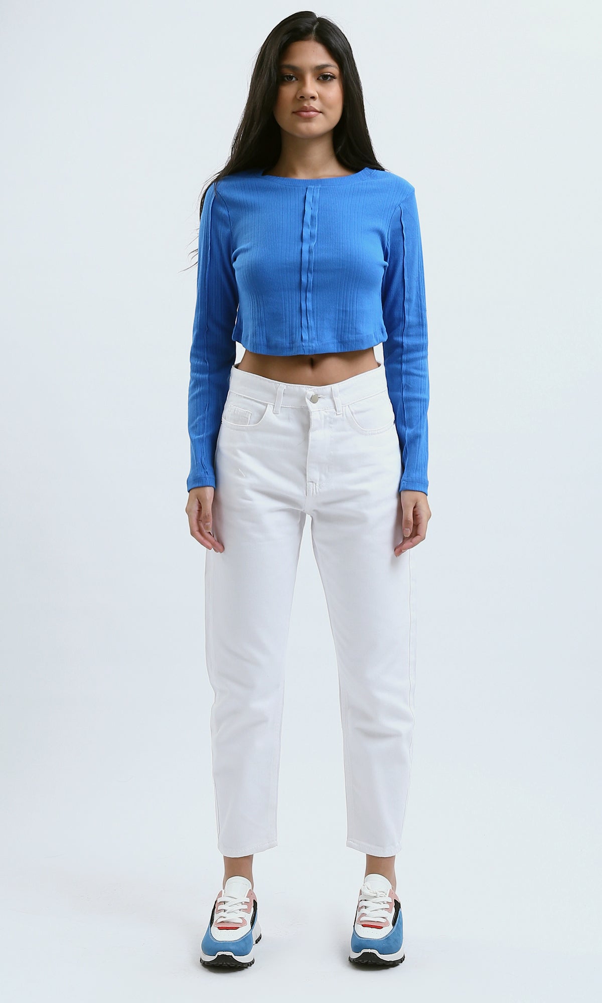 O189736 Blue Long Sleeves Slip On Cropped Top