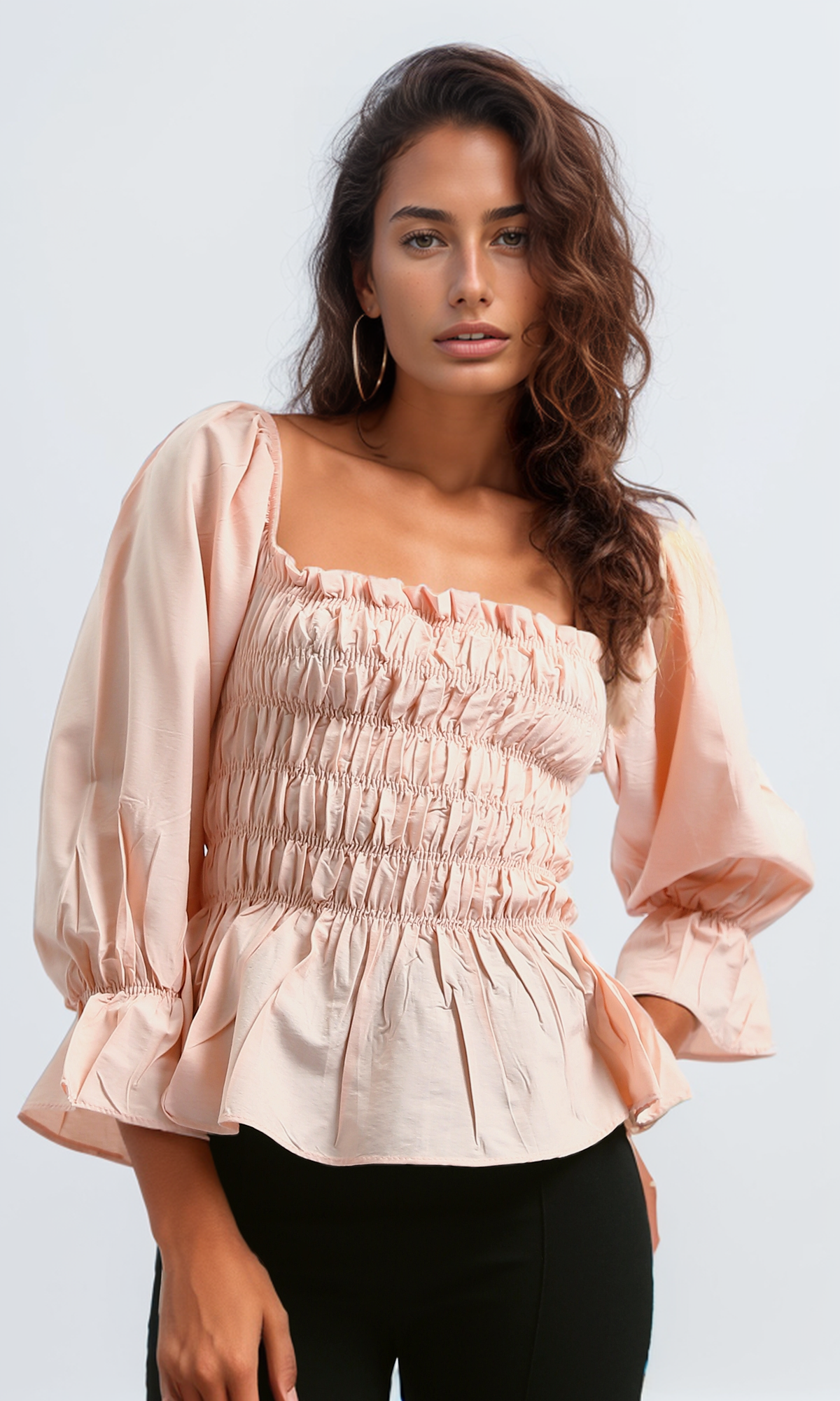 O189741 Casual Square Neck Long Sleeve Top With Elastic Waist - Light Simone