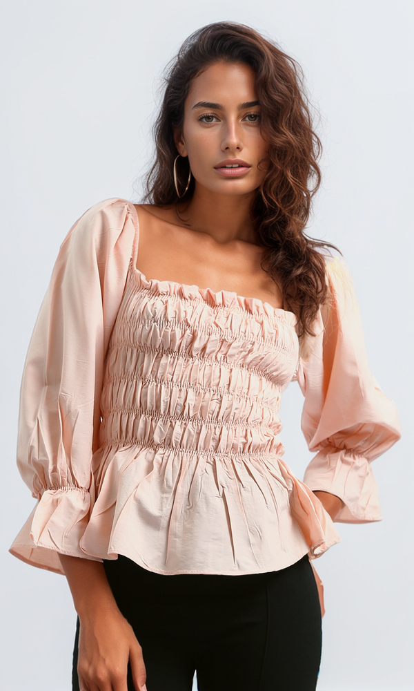 O189741 Casual Square Neck Long Sleeve Top With Elastic Waist - Light Simone