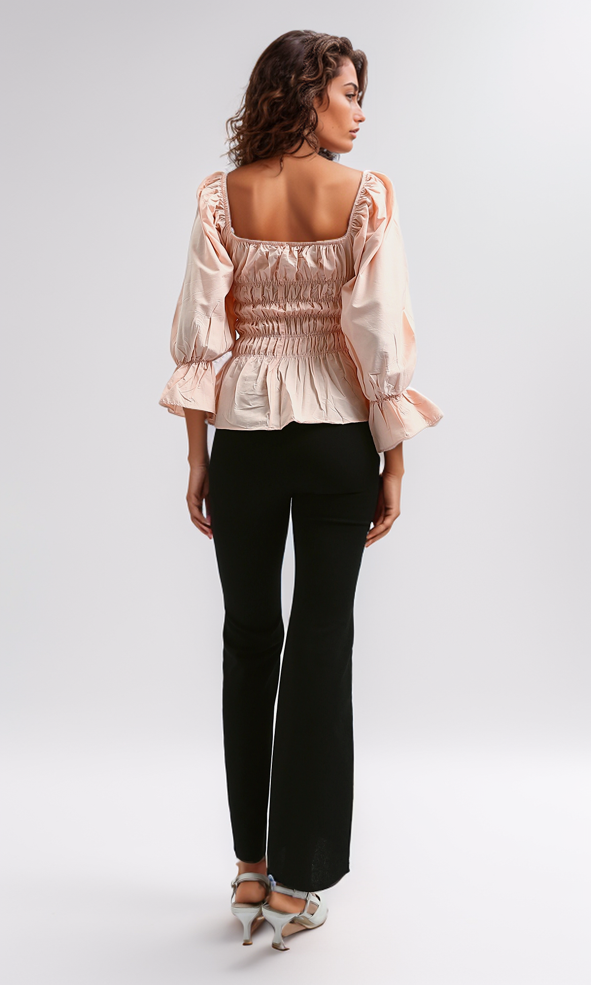 O189741 Casual Square Neck Long Sleeve Top With Elastic Waist - Light Simone
