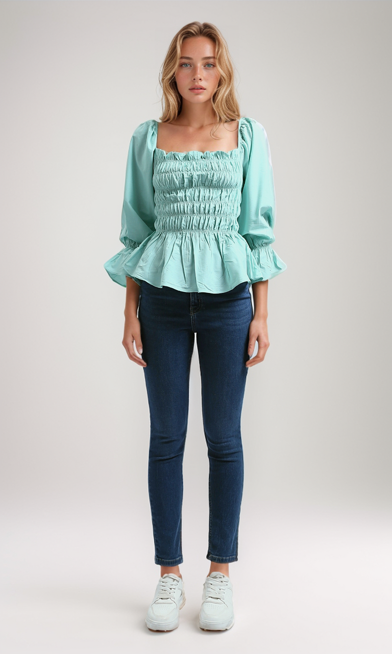 O189742 Solid Trendy Top Long Sleeve Shirts - Mintgreen