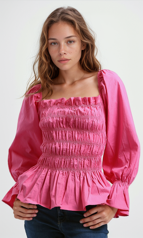 O189744 Women'S Velvet Shirt Casual Square Neck Long Sleeve - Fushia