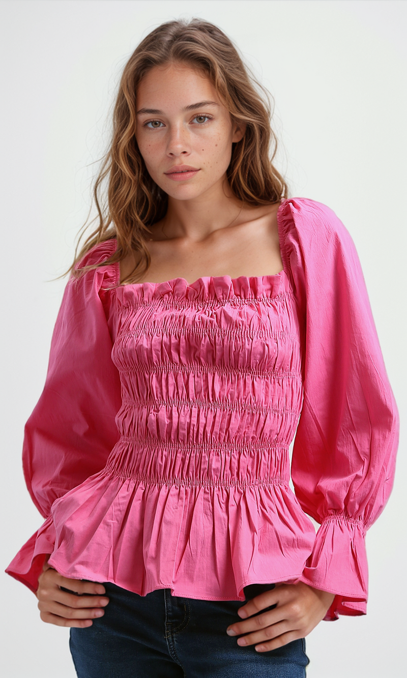 O189744 Women'S Velvet Shirt Casual Square Neck Long Sleeve - Fushia