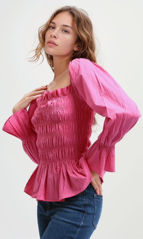 O189744 Women'S Velvet Shirt Casual Square Neck Long Sleeve - Fushia