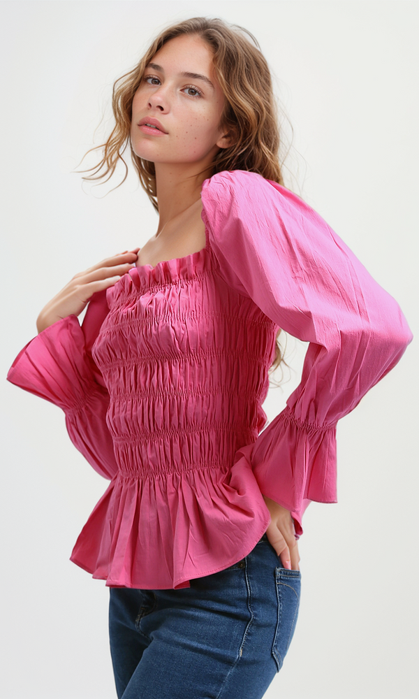 O189744 Women'S Velvet Shirt Casual Square Neck Long Sleeve - Fushia