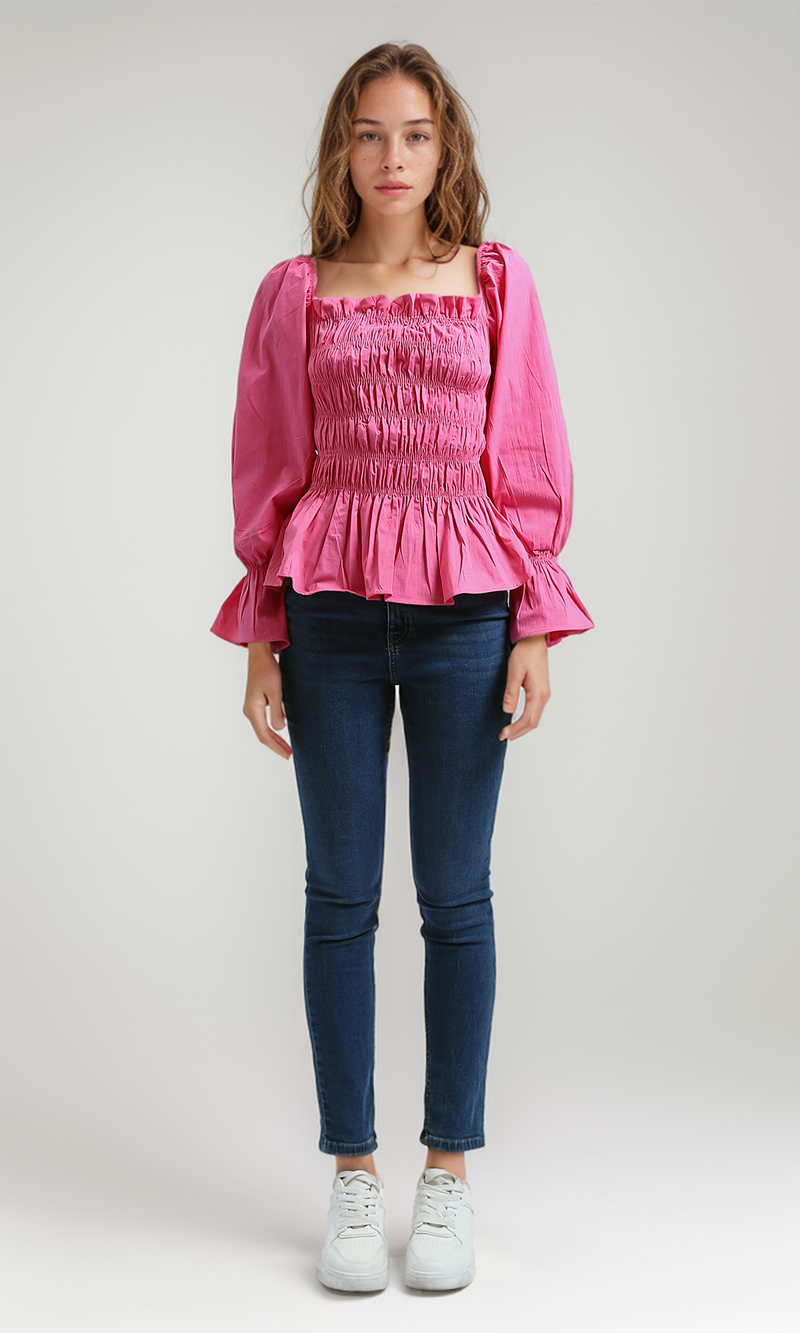 O189744 Women'S Velvet Shirt Casual Square Neck Long Sleeve - Fushia