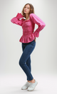 O189744 Women'S Velvet Shirt Casual Square Neck Long Sleeve - Fushia