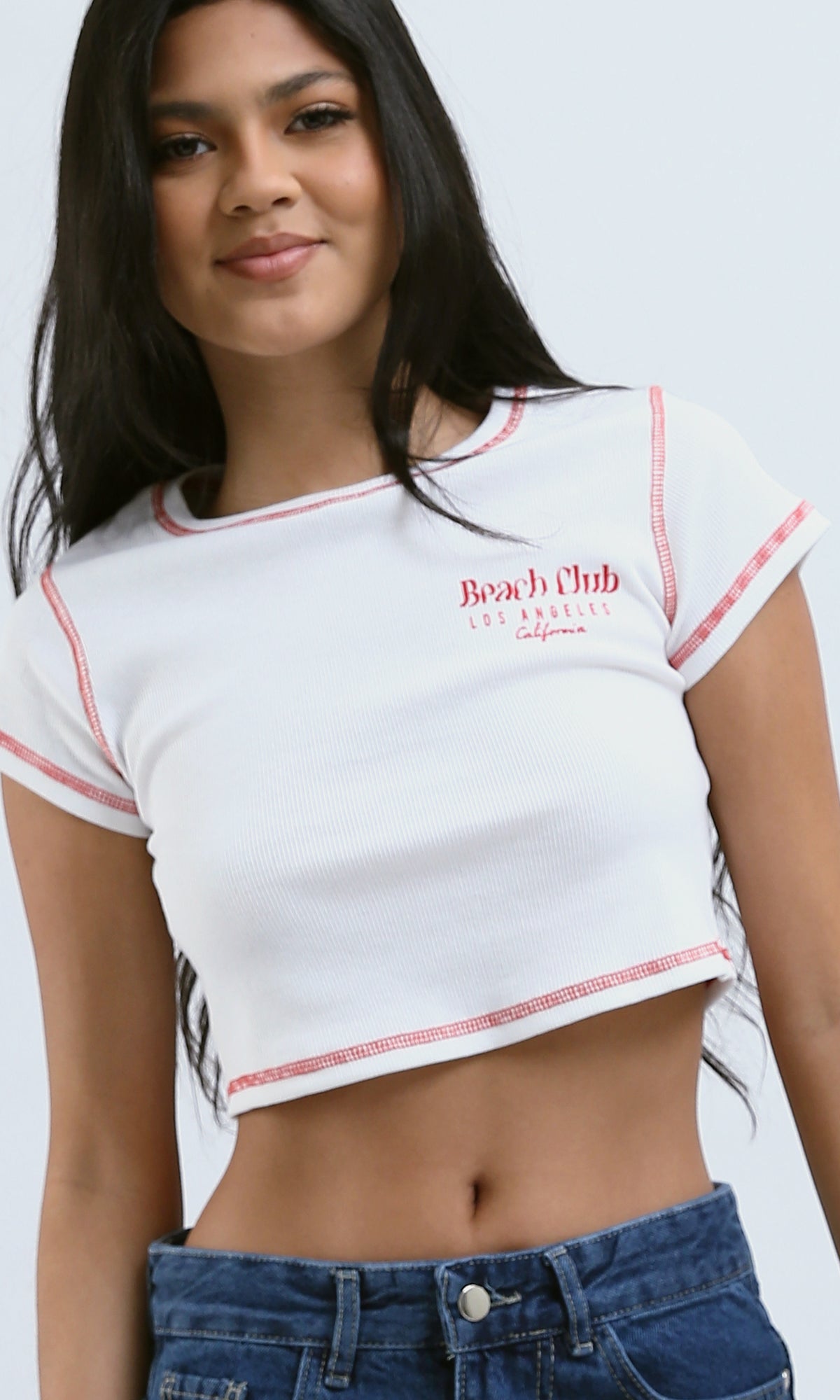 O189748 Printed "Beach Club" Short Sleeves White Cropped Top