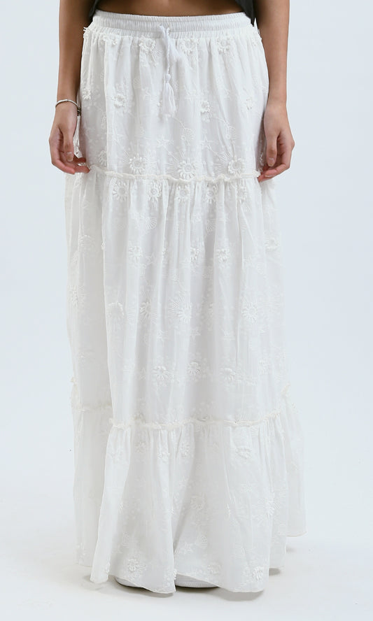 O189909 Cotton Embroidered Slip-On White Skirt