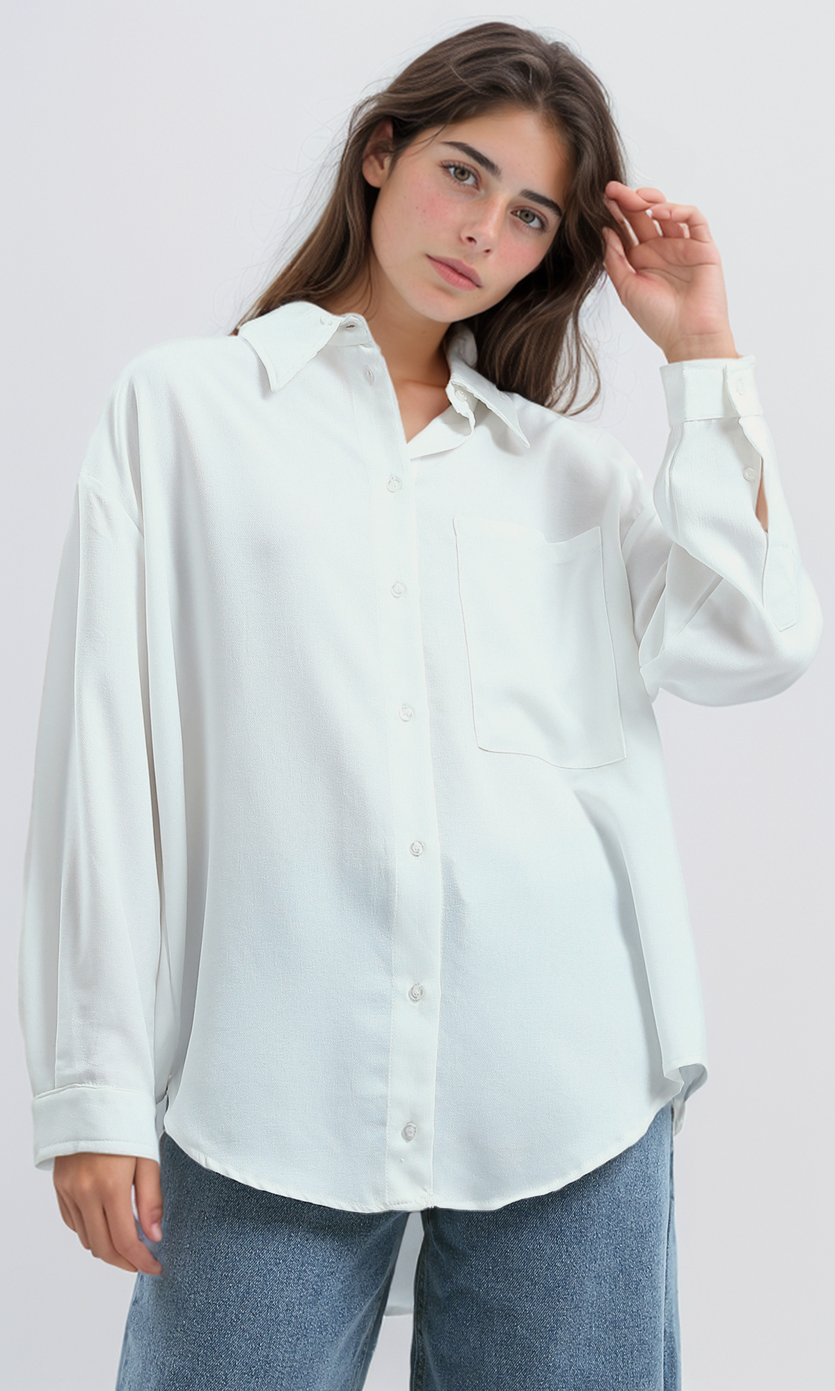 O189910 Summer White Long Shirt With Turn Down Collar