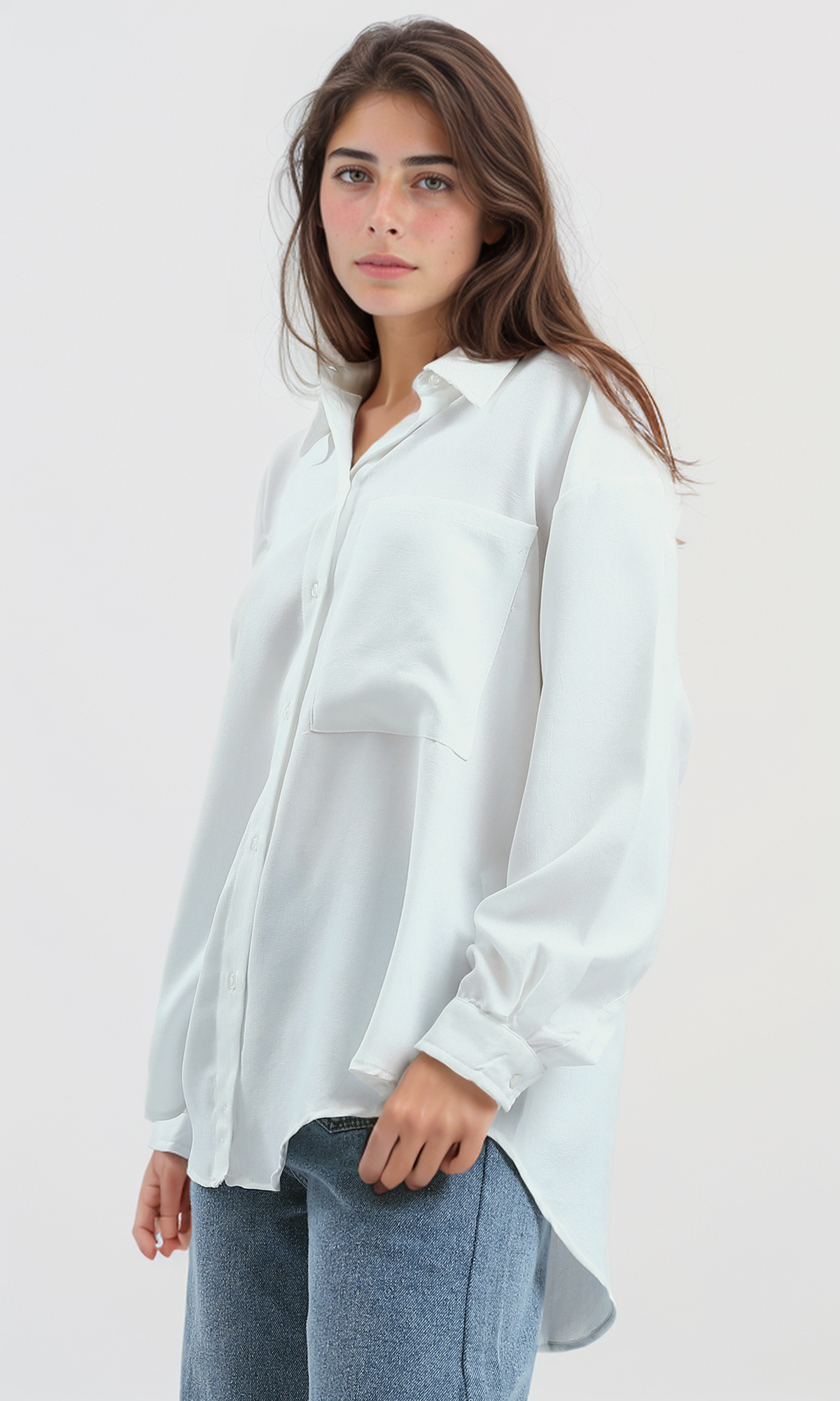 O189910 Summer White Long Shirt With Turn Down Collar